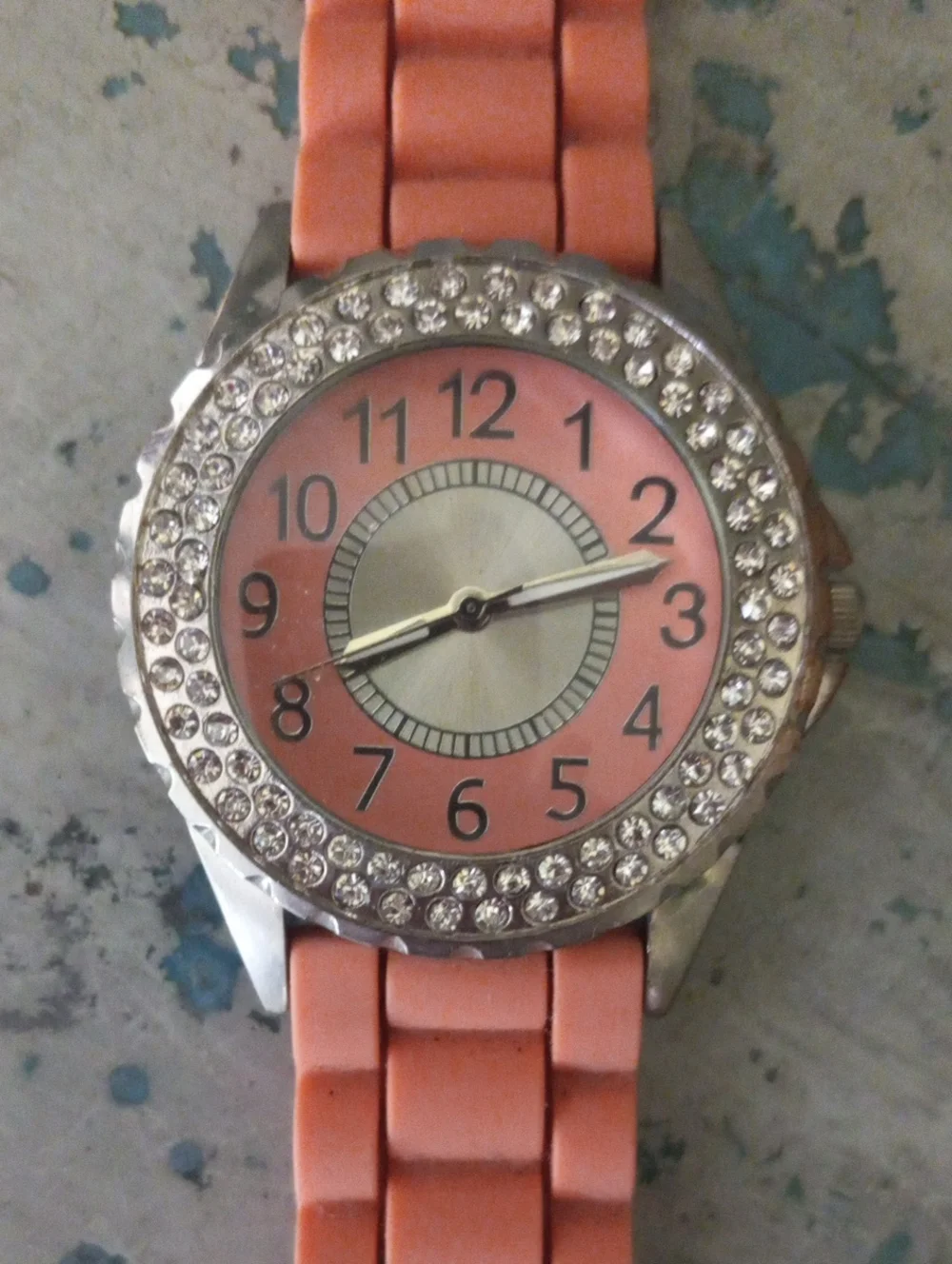 Silver Tone Crystal-Bezel Coral Color Silicone Strap Watch